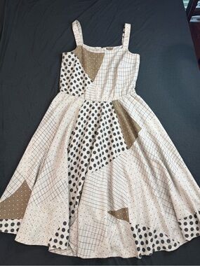 Caron - Patchwork Polka Dot & Grid Midi Dress in Cream and Brown